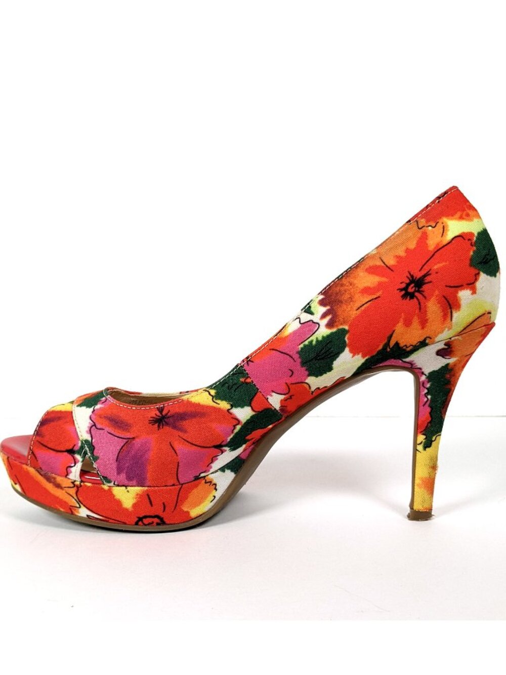 Audrey Brooke Floral Canvas Peep Toe Platform High Heels pumps 3.75" Size 7